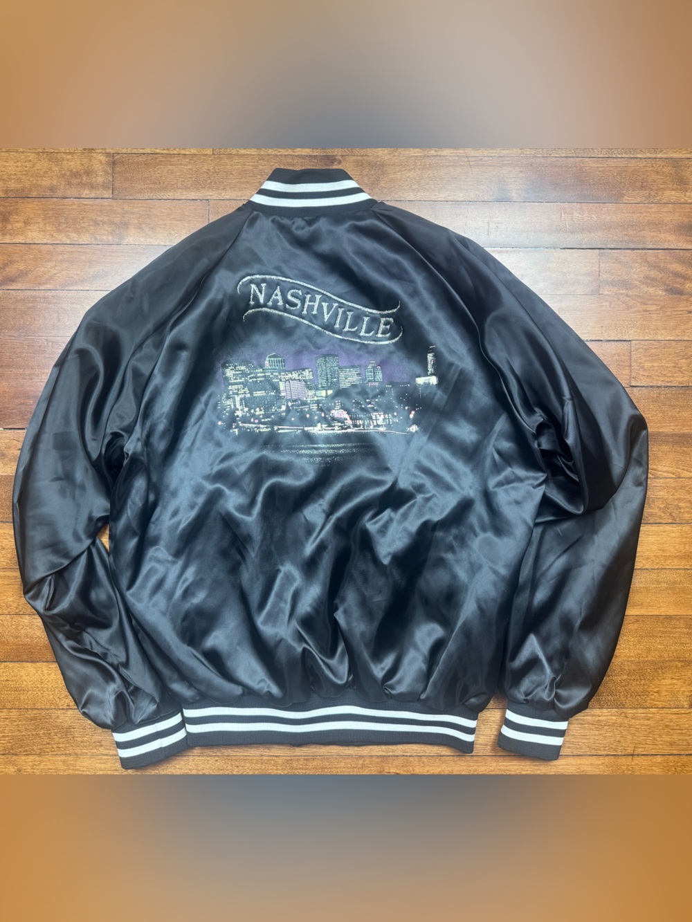 Vintage 1980s TaylorMade Black Satin Nashville Bomber Jacket with City Graphic